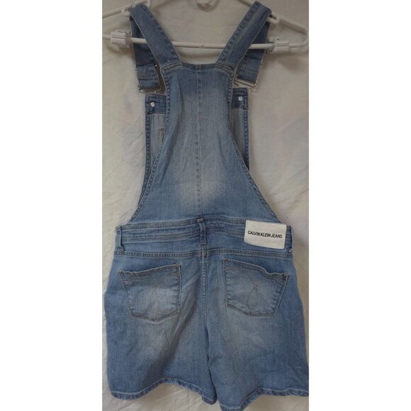 Calvin Klein Womens L 12/14 Distressed Light Blue Denim Bib Overall Jorts Shorts - Picture 7 of 14